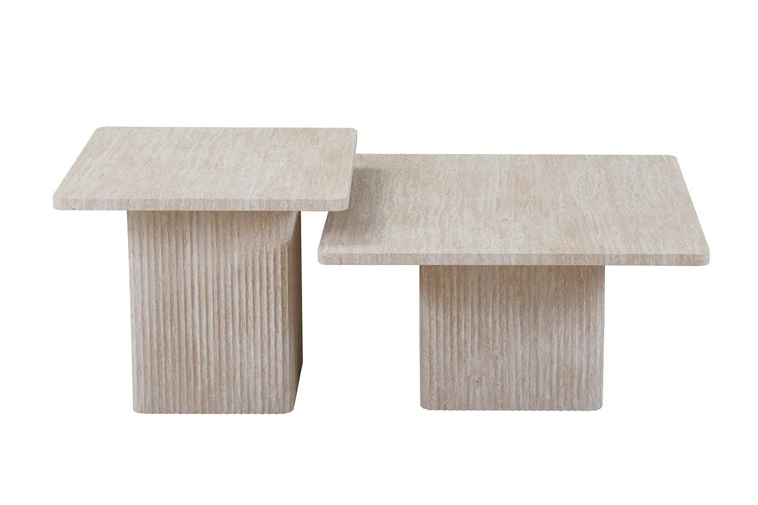 NOLYA - Lot de 2 Table basses Effet Travertin Beige - 52x60 cm et 80x80 cm ROUSSEAU