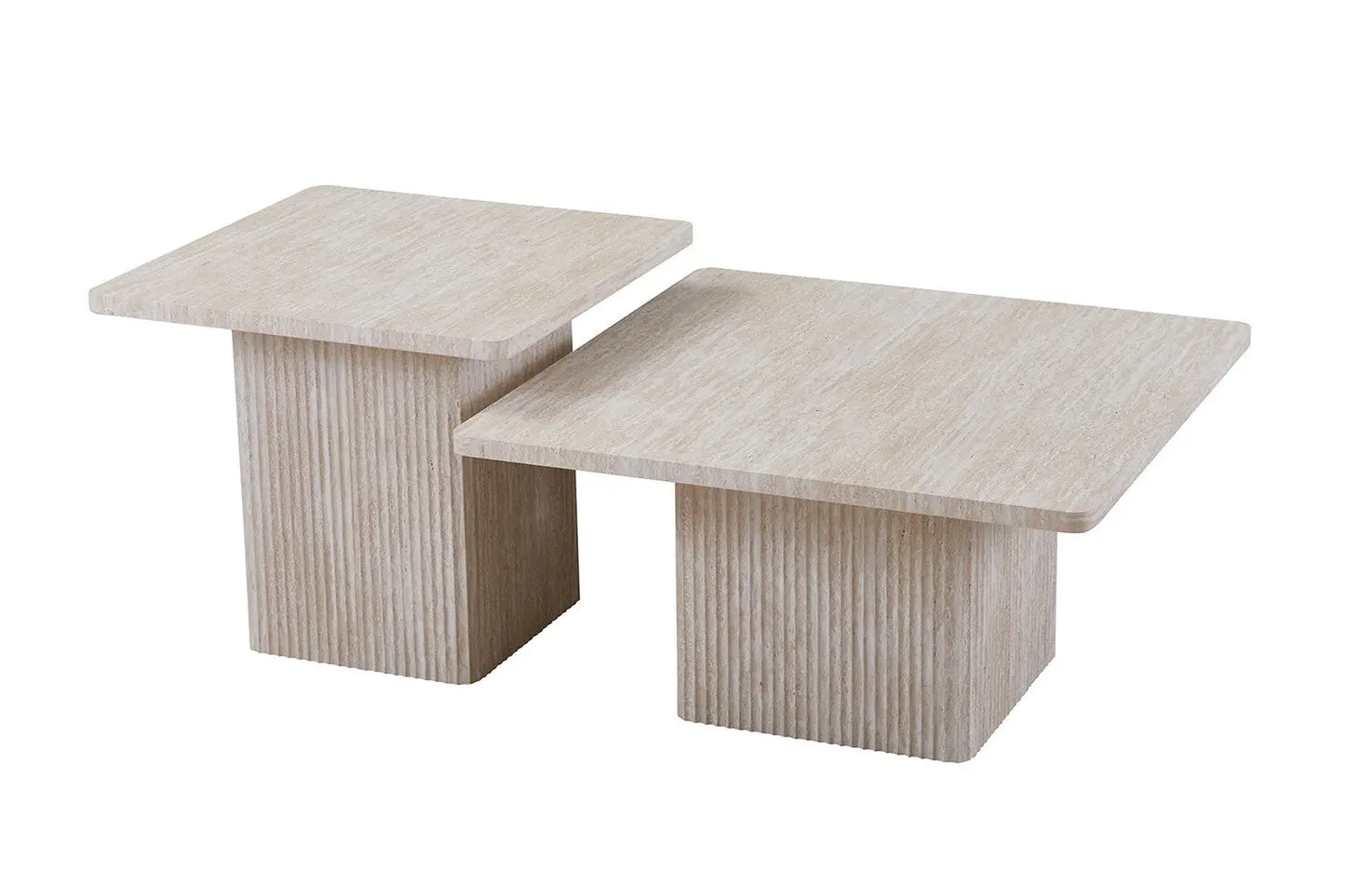 NOLYA - Lot de 2 Table basses Effet Travertin Beige - 52x60 cm et 80x80 cm ROUSSEAU