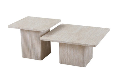 NOLYA - Lot de 2 Table basses Effet Travertin Beige - 52x60 cm et 80x80 cm ROUSSEAU