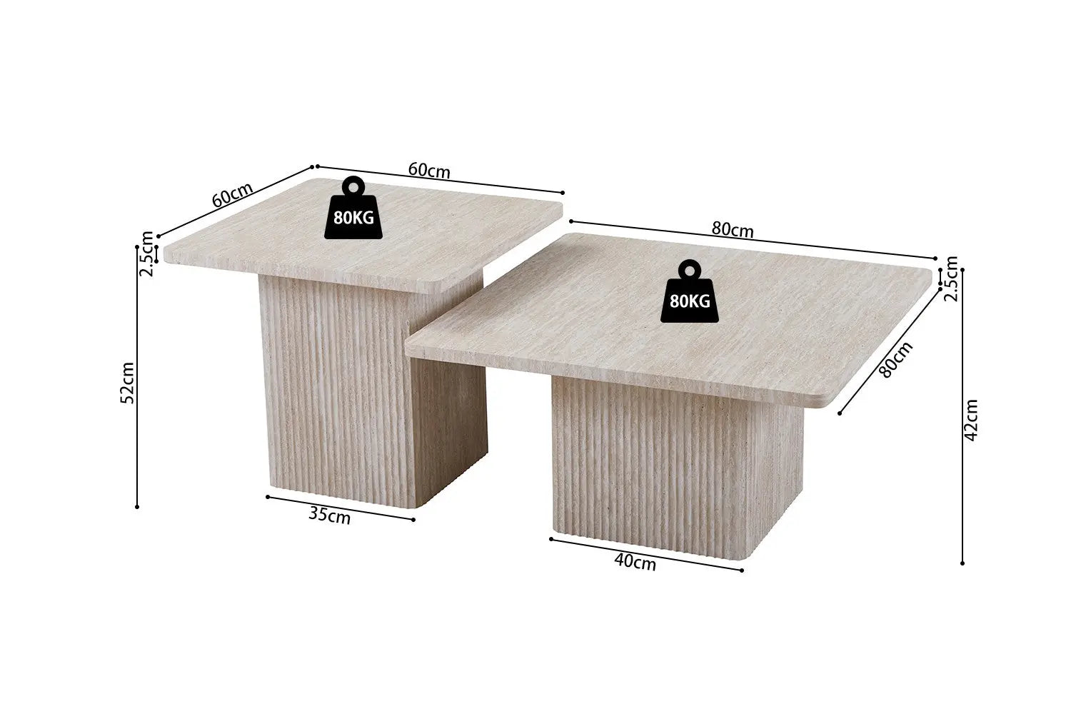 NOLYA - Lot de 2 Table basses Effet Travertin Beige - 52x60 cm et 80x80 cm ROUSSEAU