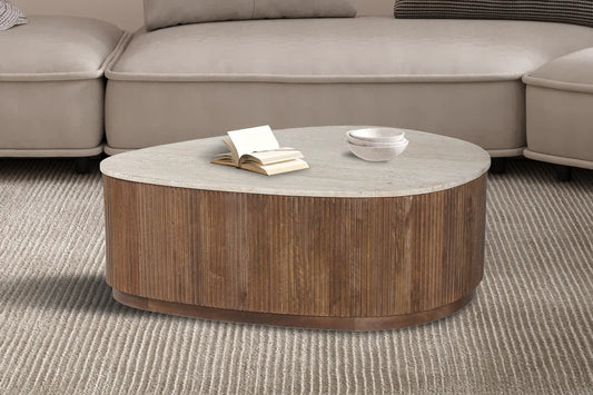 ORYS - Table basse en Bois de manguier avec plateau en Travertin Beige - 100 cm ROUSSEAU