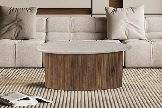 TAËL - Table basse en Bois de manguier avec un plateau en Travertin Beige - 90 cm ROUSSEAU
