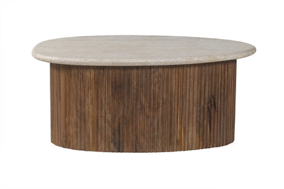 TAËL - Table basse en Bois de manguier avec un plateau en Travertin Beige - 90 cm ROUSSEAU