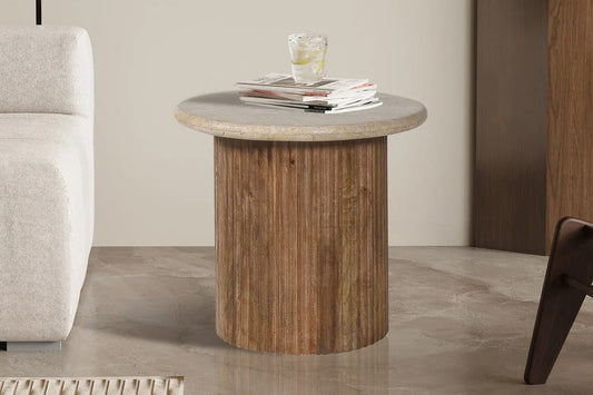 TAËL - Table d'appoint Ronde en Bois de manguier avec plateau en travertin beige - 50 cm ROUSSEAU