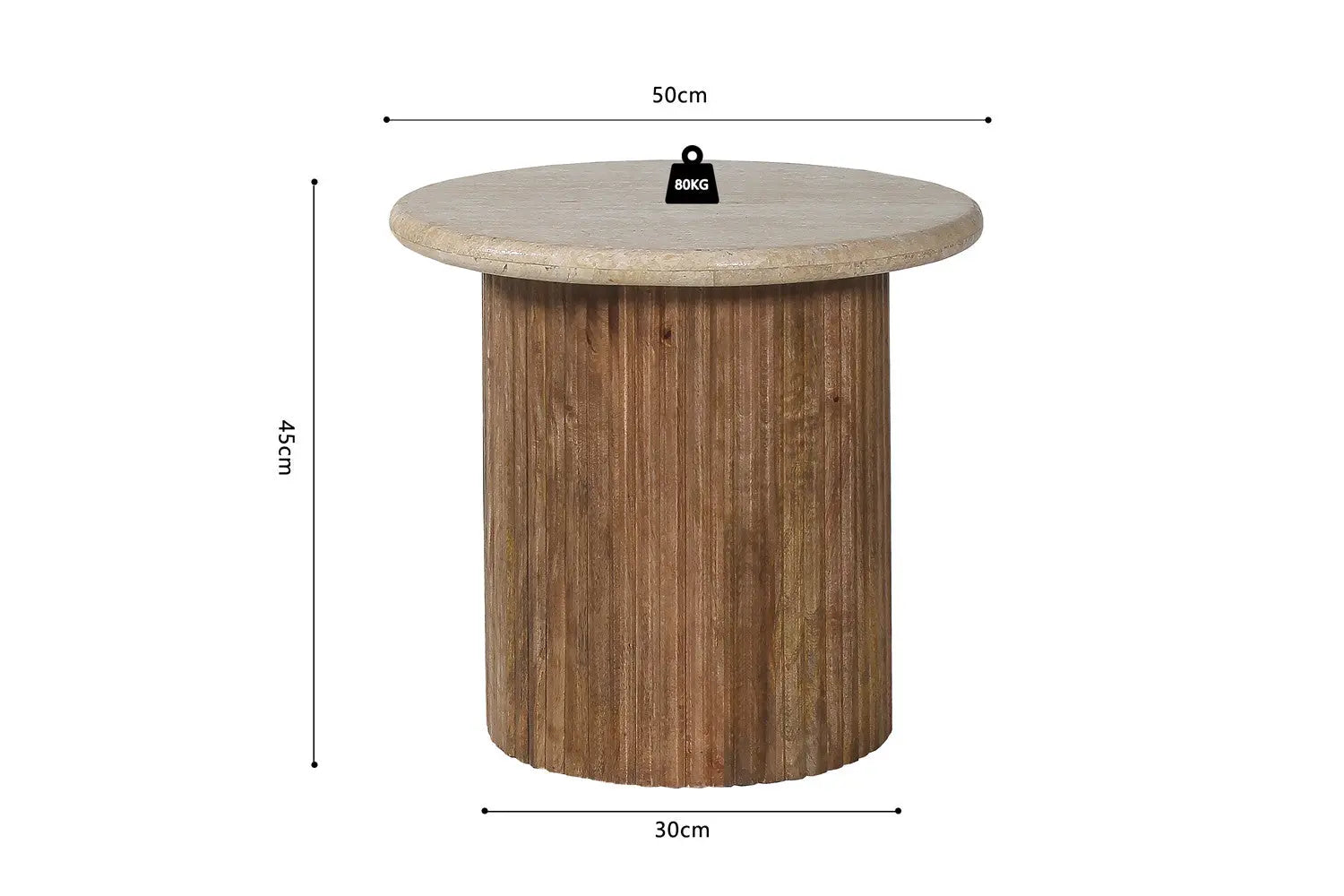 TAËL - Table d'appoint Ronde en Bois de manguier avec plateau en travertin beige - 50 cm ROUSSEAU