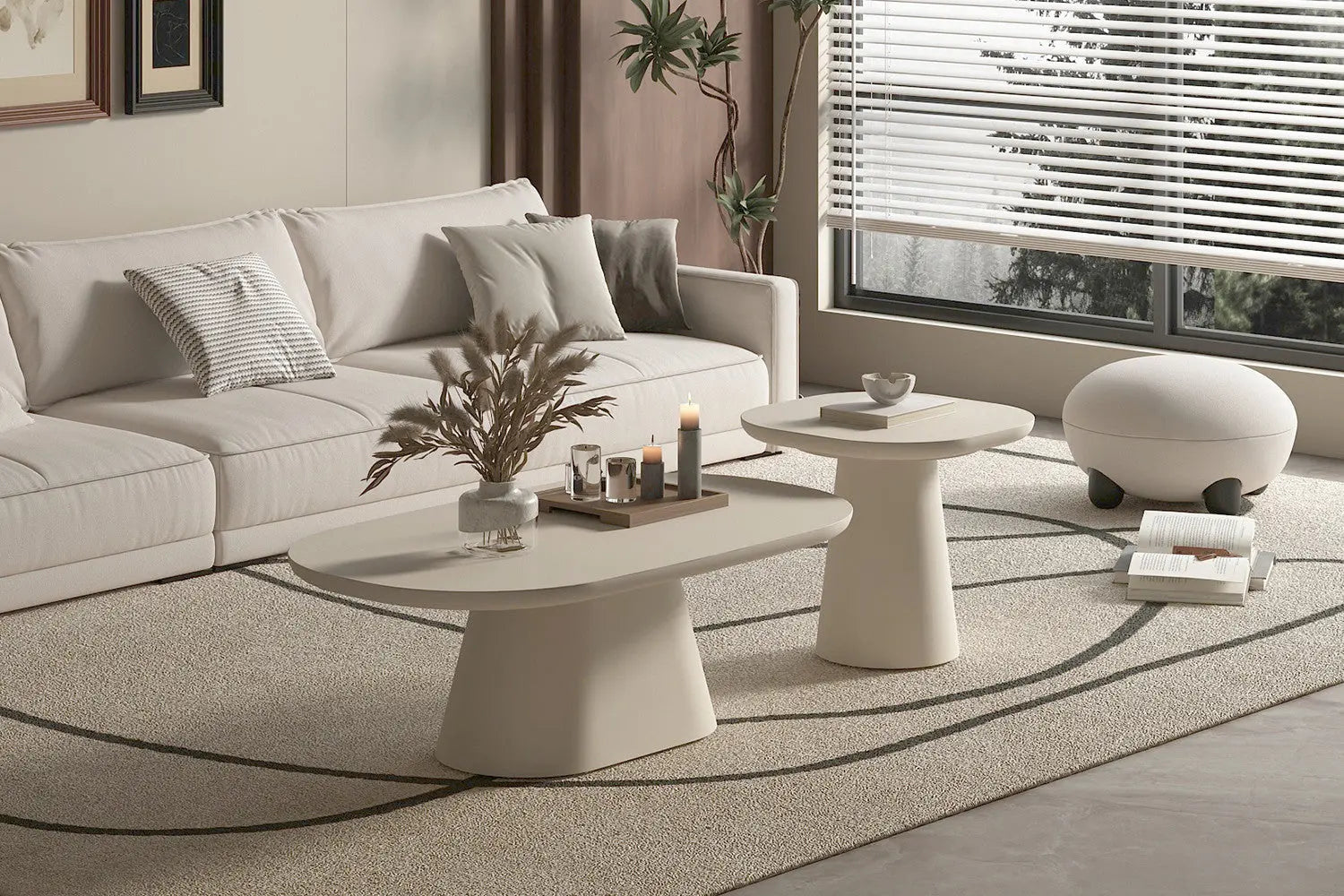TAVINA - Table Basse Ovale Effet Ciment - 120 cm - Ciment Beige ROUSSEAU