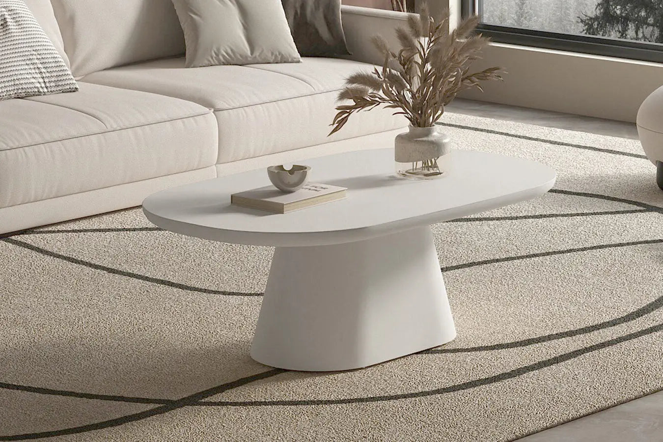 TAVINA - Table Basse Ovale Effet Ciment - 120 cm - Ciment Blanc ROUSSEAU