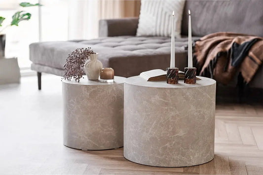 Table Basse Gigogne en Marbre Cylindrique Beige PRAGUE - H : 36/40cm HOUSE NORDIC