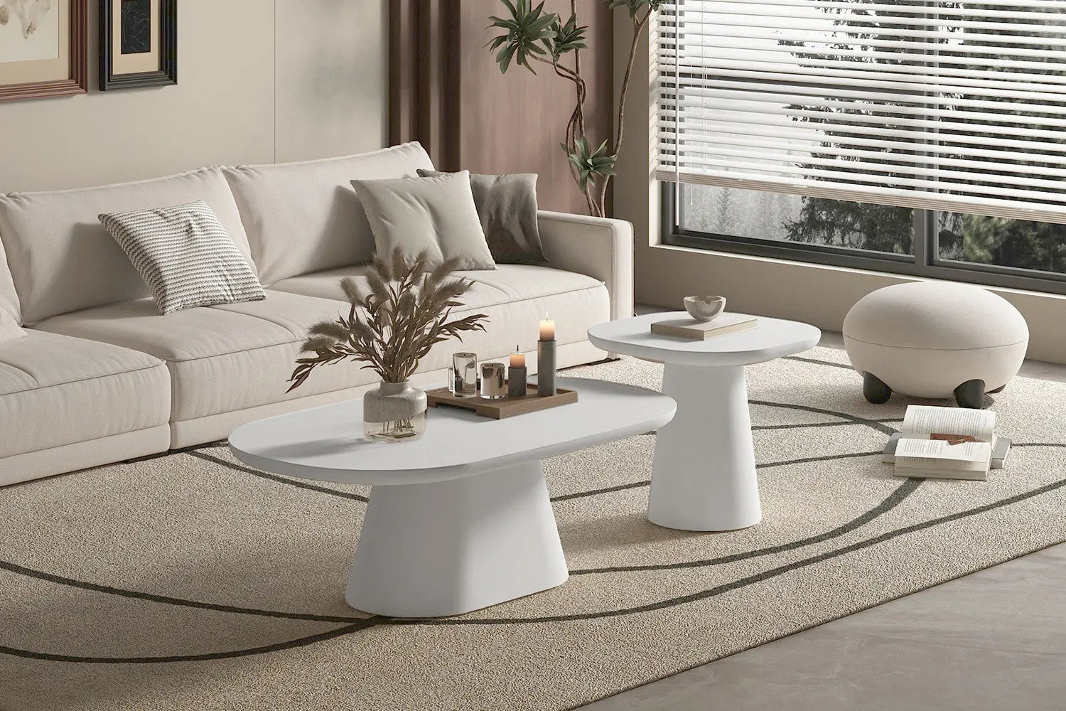 Table Basse Ovale Effet Ciment Ecru TAVINA - 55 cm ROUSSEAU