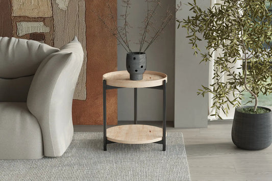Table Basse Ronde Effet Chêne Vieilli DALYNA avec des pieds en acier noir - 45 cm ROUSSEAU