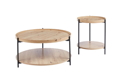 Table Basse Ronde Effet Chêne Vieilli DALYNA avec des pieds en acier noir - 45 cm ROUSSEAU