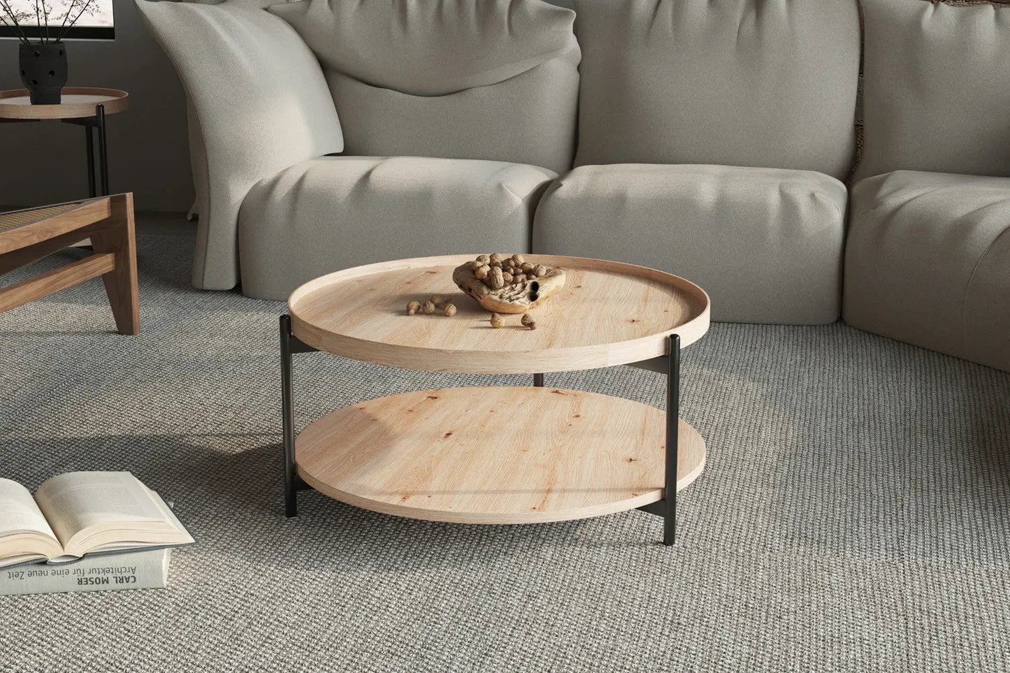 Table Basse Ronde Effet Chêne Vieilli DALYNA avec des pieds en acier noir - 80 cm ROUSSEAU