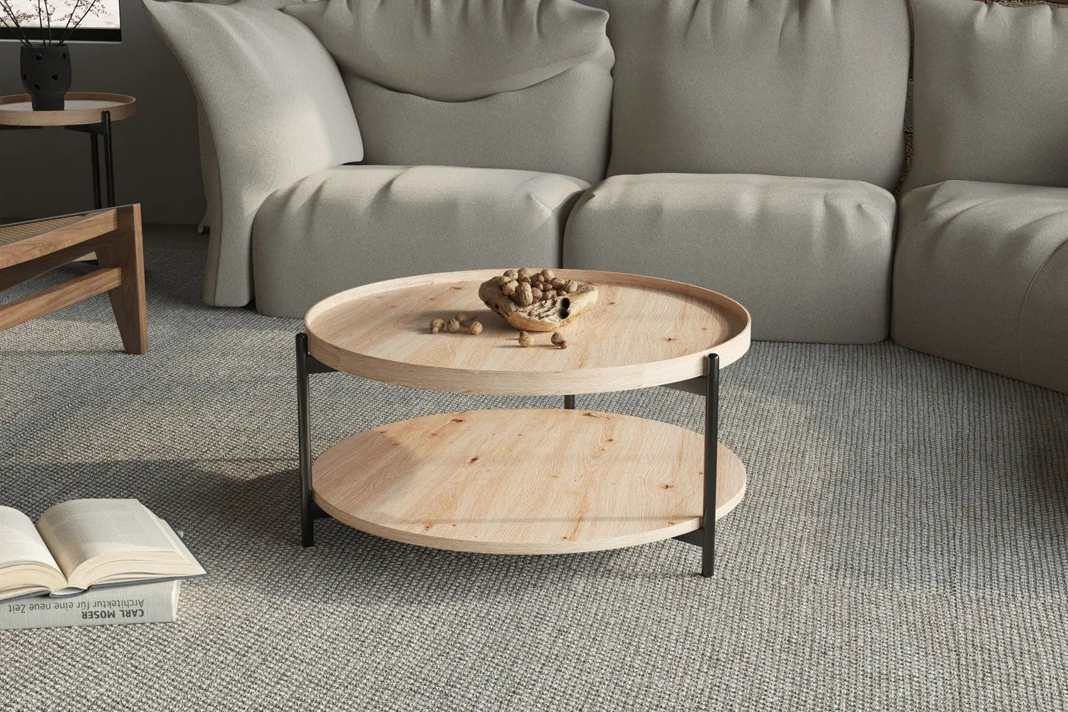 Table Basse Ronde Effet Chêne Vieilli DALYNA avec des pieds en acier noir - 80 cm ROUSSEAU