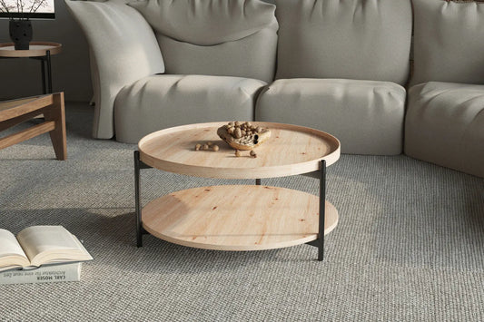 Table Basse Ronde Effet Chêne Vieilli DALYNA avec des pieds en acier noir - 80 cm ROUSSEAU