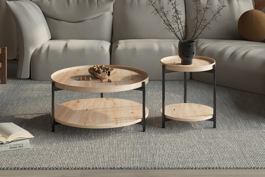 Table Basse Ronde Effet Chêne Vieilli DALYNA avec des pieds en acier noir - 80 cm ROUSSEAU