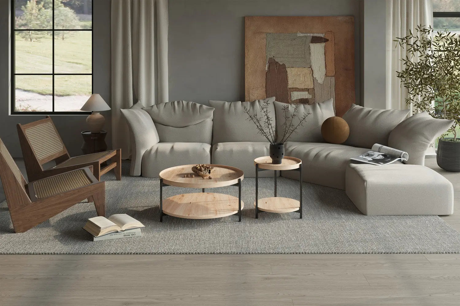 Table Basse Ronde Effet Chêne Vieilli DALYNA avec des pieds en acier noir - 80 cm ROUSSEAU