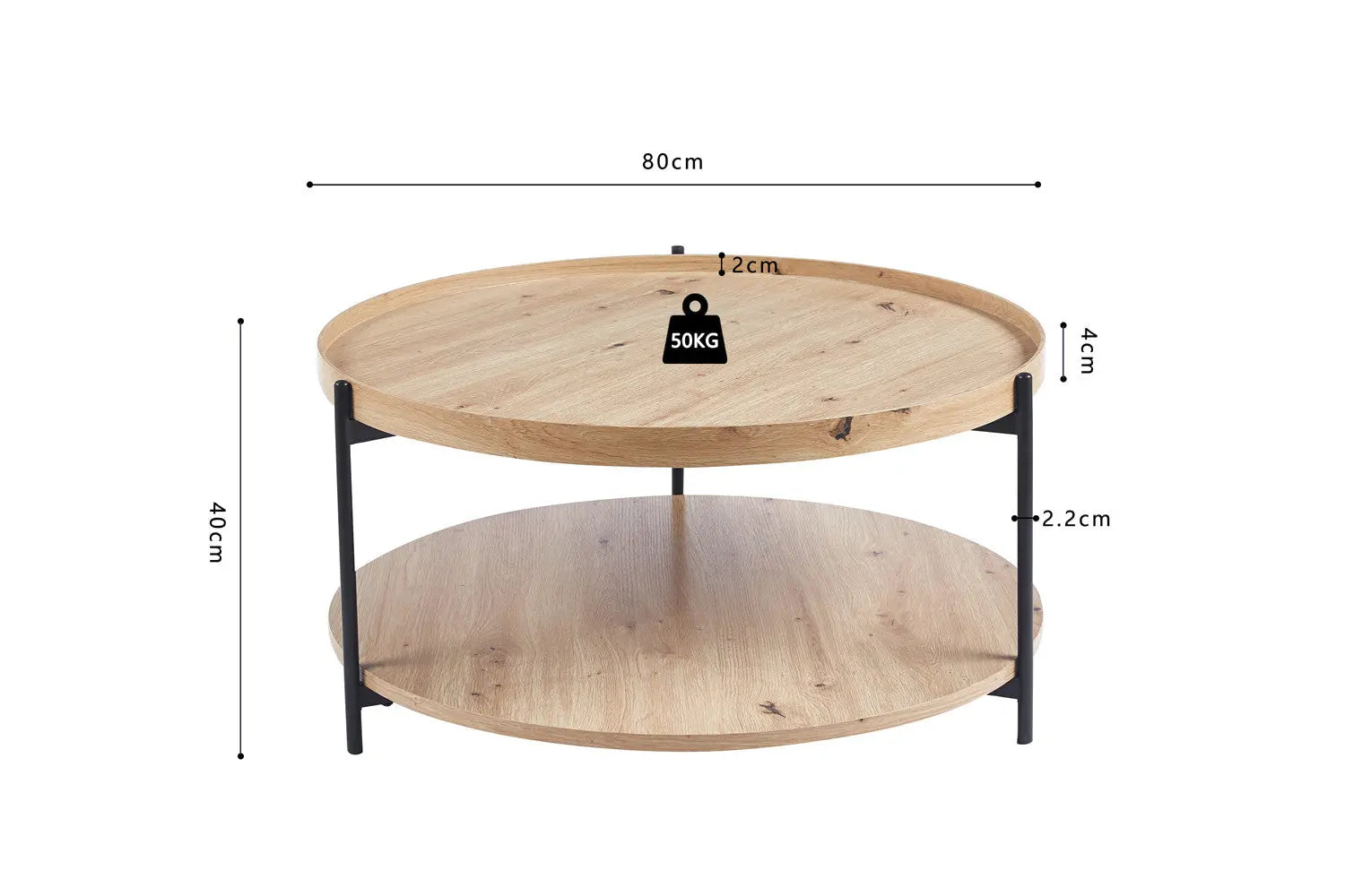Table Basse Ronde Effet Chêne Vieilli DALYNA avec des pieds en acier noir - 80 cm ROUSSEAU