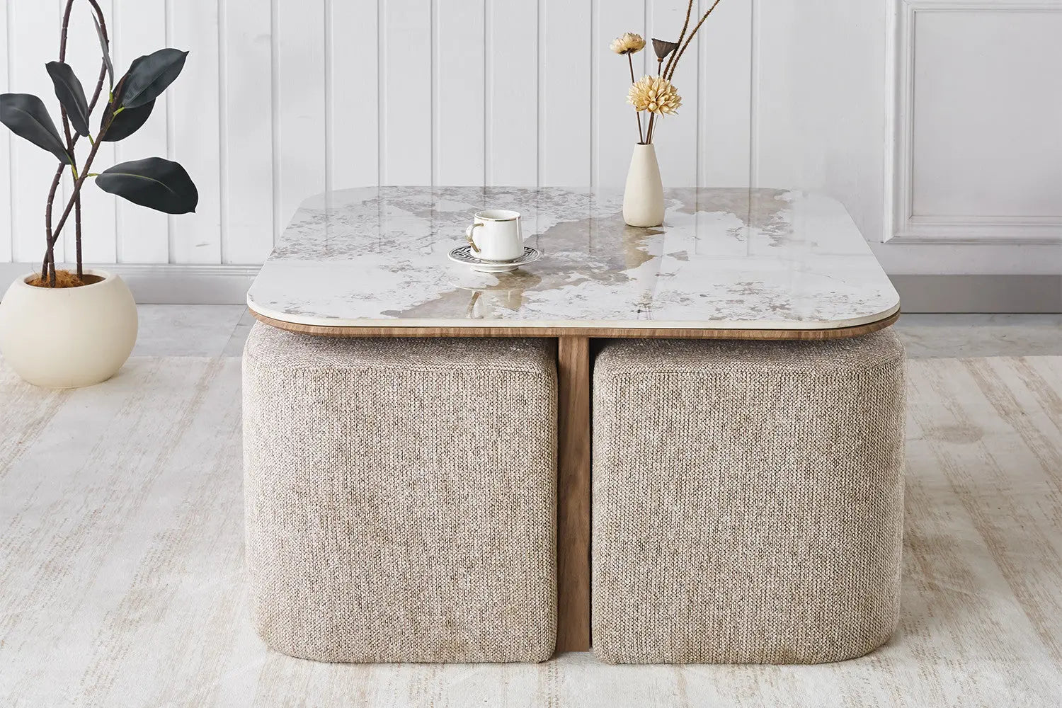 Table Basse avec 4 Poufs en Tissu Pierre Brillante AVORA - 80 x 80 cm TIKOYA