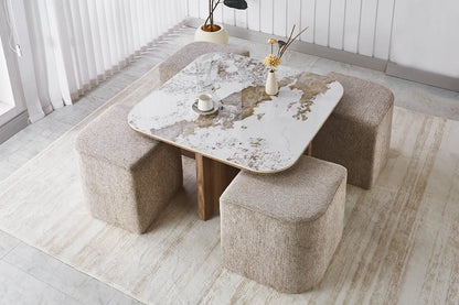 Table Basse avec 4 Poufs en Tissu Pierre Brillante AVORA - 80 x 80 cm TIKOYA