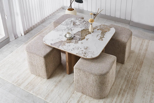 Table Basse avec 4 Poufs en Tissu Pierre Brillante AVORA - 80 x 80 cm TIKOYA