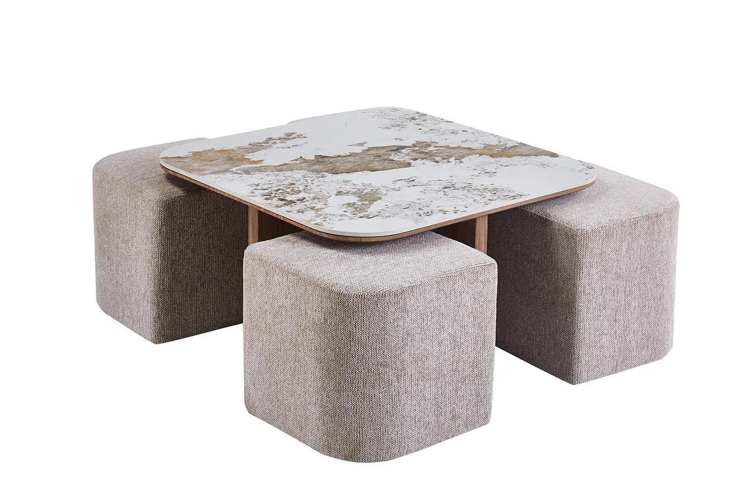 Table Basse avec 4 Poufs en Tissu Pierre Brillante AVORA - 80 x 80 cm TIKOYA
