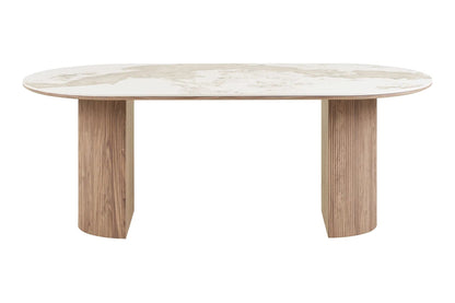 Table à Manger Ovale ATHENS Céramique Blanc Marron -  210 x 100 cm HOUSE NORDIC
