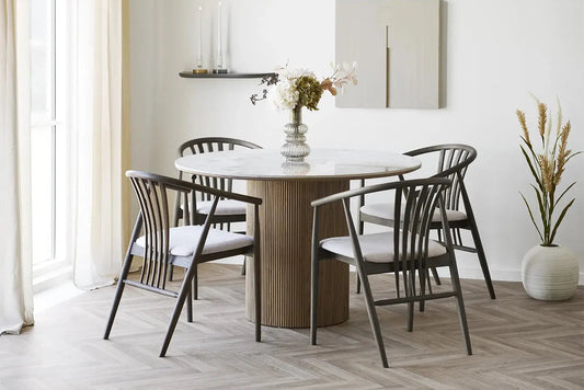 Table à Manger Ronde ATHENS en plateau en céramique, blanc, marron foncé - 120 cm HOUSE NORDIC