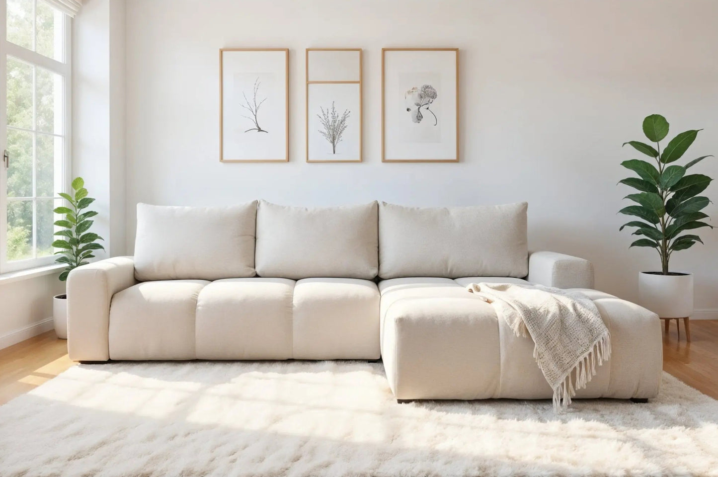 Canapé d’angle convertible BUBBLE avec coffre en Tissu Beige 302x217 cm MAISON DES MEUBLES