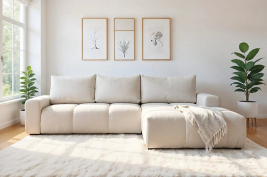 Canapé d’angle convertible BUBBLE avec coffre en Tissu Beige 302x217 cm MAISON DES MEUBLES
