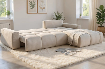 Canapé d’angle convertible BUBBLE avec coffre en Tissu Beige 302x217 cm MAISON DES MEUBLES