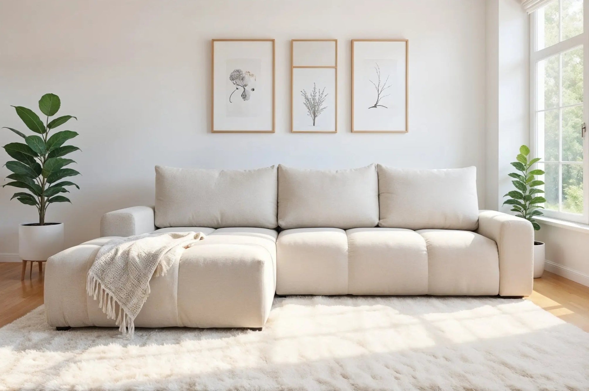 Canapé d’angle convertible BUBBLE avec coffre en Tissu Beige 302x217 cm MAISON DES MEUBLES